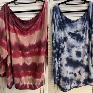 Torrid Red and Cream Tie-Dye Sweatshirt and blue and white Tie-Dye shirt